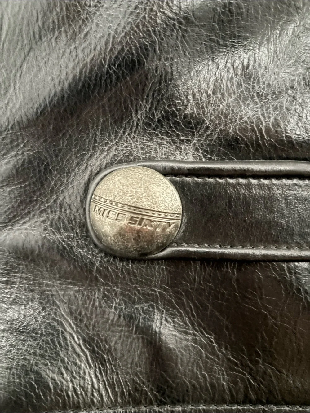 Miss Sixty Black Leather Messenger Bag with Metal Button Accents
